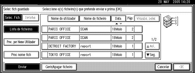 Apresentar a Lista de Ficheiros Guardados Procurar por nome de ficheiro A No ecrã com a lista de ficheiros guardados, prima [Proc nome fich]. Aparece o teclado no ecrã. B Introduza o nome do ficheiro.