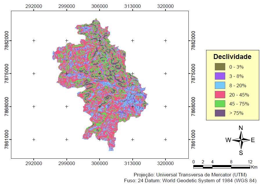 FIGURA 3. Distribuição espacial da declividade na sub-bacia do ribeirão Panquinhas, ES. Fonte: Elaborado pelos autores.