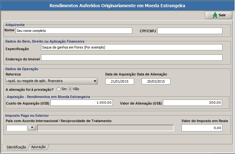 Na aba Identificação apenas alguns campos precisam ser preenchidos, como visto acima.