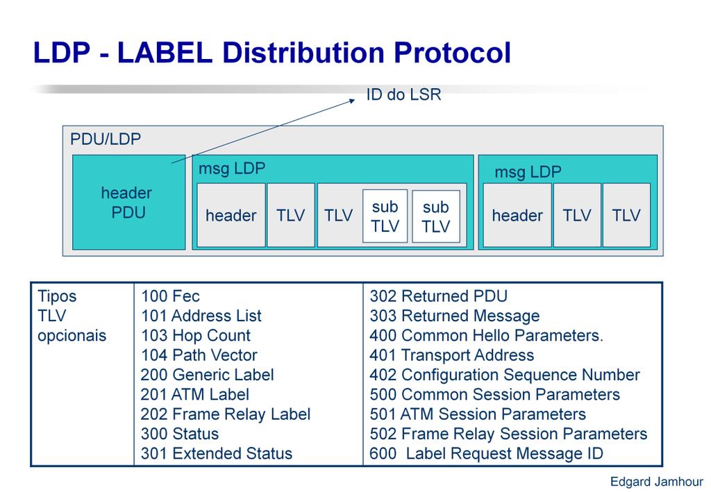 O LDP (Label Distribution Protocol) foi o primeiro protocolo de distribuição de LABELs definido pelo IETF (Janeiro de 2001). A estrutura de uma mensagem LDP é definida conforme a figura.
