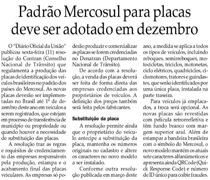 Título: Padrão Mercosul para placas deve ser adotado em dezembro