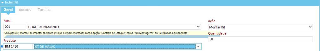 Selecione a filial para lançar o estoque, o produto criado para ser o kit e o campo quantidade, informando