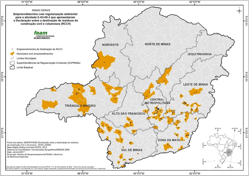 Quanto à distribuição geográfica dos referidos empreendimentos, ressalta-se que dos 853 municípios existentes em Minas Gerais, apenas 73 possuem empreendimentos receptores de RCCV, o que corresponde