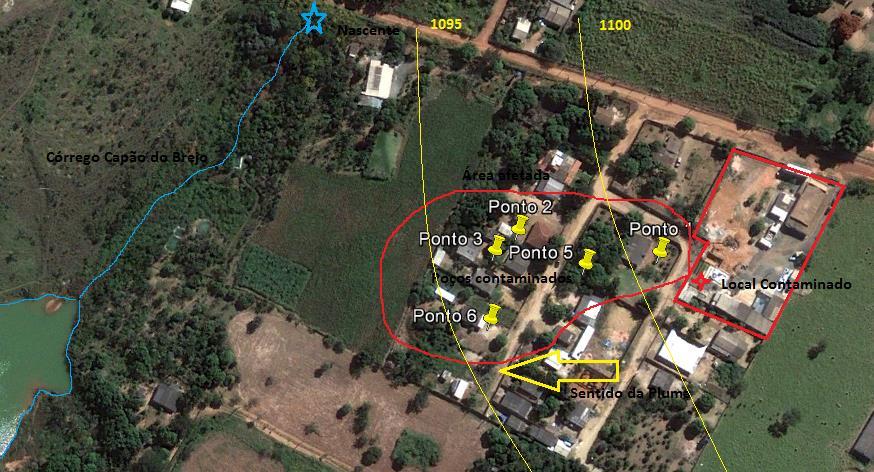 imagem adaptada do Google Earth, Figura 3, mostra os locais das cisternas inicialmente identificadas com problemas de contaminação.