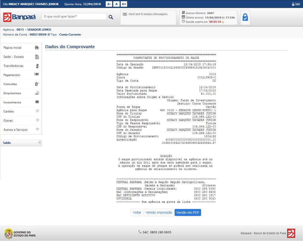 continuar, o sistema informa que a operação foi realizada com sucesso informando o código do provisionamento e disponibilizando a opção para emitir o comprovante ( ), 247.