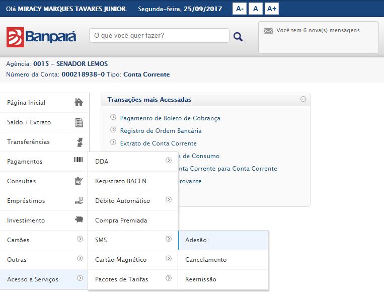 4.9.5. PACOTE DE TARIFAS 4.9.5.1. Adesão Para acessar esta transação, o usuário deve acessar o menu: Acesso a Serviços >> Pacote de Tarifas >> Adesão, conforme Figura 288.