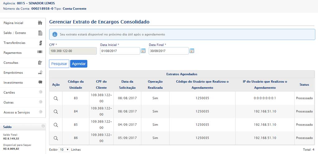 Figura 37 Agendar Extrato de Encargos Consolidado realizar a confirmação, o sistema exibe a mensagem informando que o agendamento foi realizado com sucesso e que o extrato estará disponível no