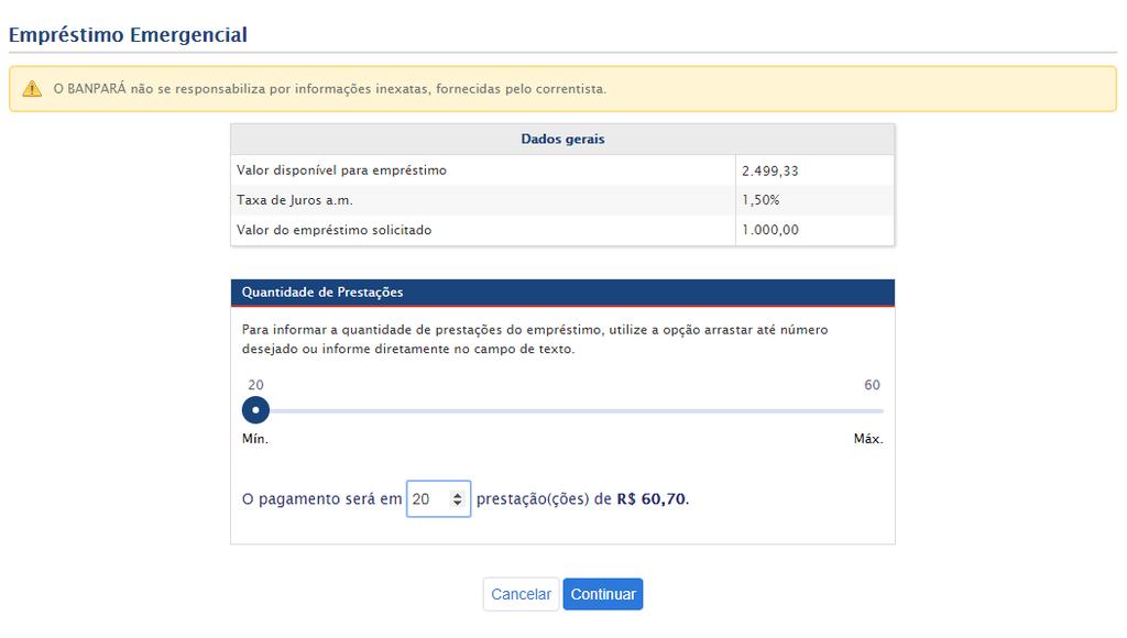 Figura 115 Informar Valor do Empréstimo acessar a transação, o sistema apresenta os dados gerais com o valor disponível para empréstimo e a taxa de juros, e mais abaixo, o campo para informar o valor