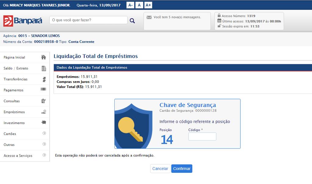 4.5.6. LIQUIDAÇÃO TOTAL DE EMPRÉSTIMOS Para acessar esta opção, basta o usuário acessar o menu: Empréstimos >> Liquidação Total de Empréstimos, conforme mostra a Figura 122.