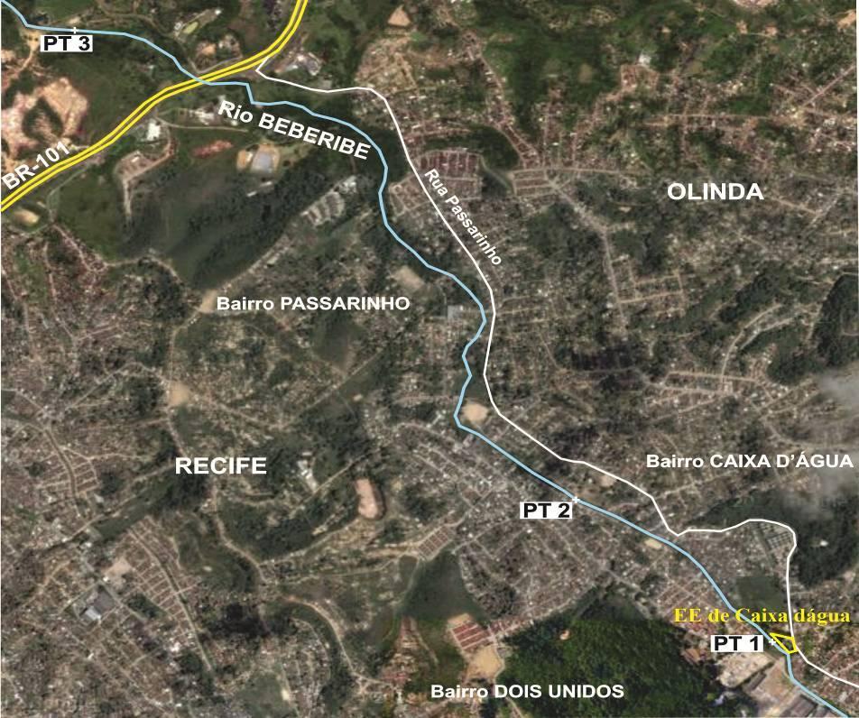 Figura 3.3 - Localização dos pontos de pesquisa no rio Beberibe. As coordenadas geográficas dos pontos que foram analisados foram coletadas com um GPS Garmin e podem ser observados na Tabela 3.2.