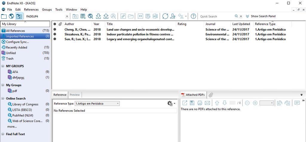 Apenas surgem no EndNote os últimos registos exportados sendo que os