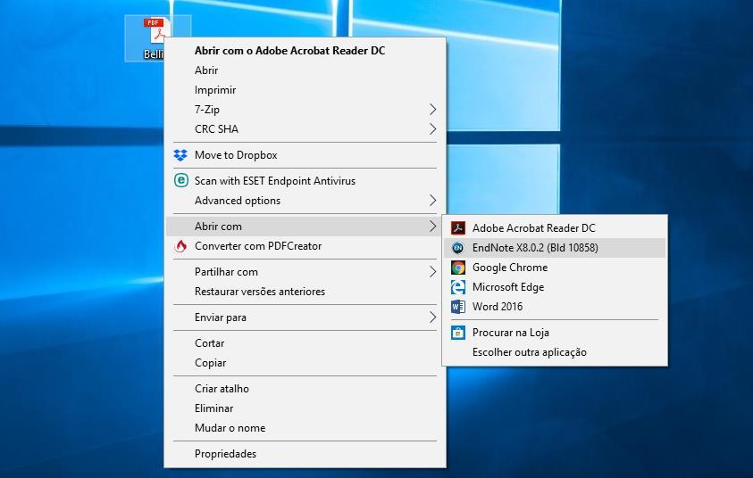 Poderá, também, clicar em cima do pdf com o botão direito do rato, fazer Abrir com e