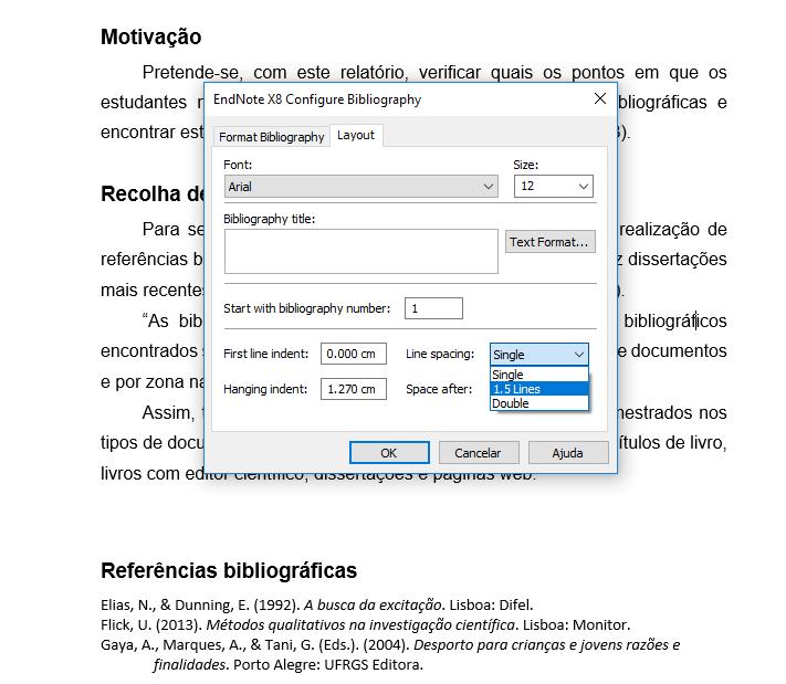 Em Layout escolhe-se o tipo de letra da bibliografia assim como