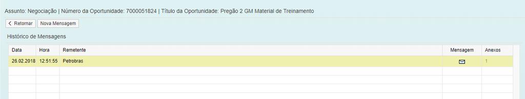 Negociação Acessando a Sala de Colaboração, o fornecedor pode visualizar a mensagem deixada pelo fornecedor. Para isso, basta clicar no assunto da mensagem: 1.