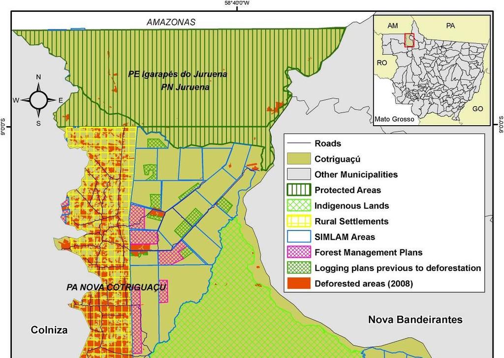 Cotriguaçu, o desmatamento acumulado em 2008 representa 10% da área de propriedades privadas cadastradas no SIMLAM, e 33% da área não cadastrada.