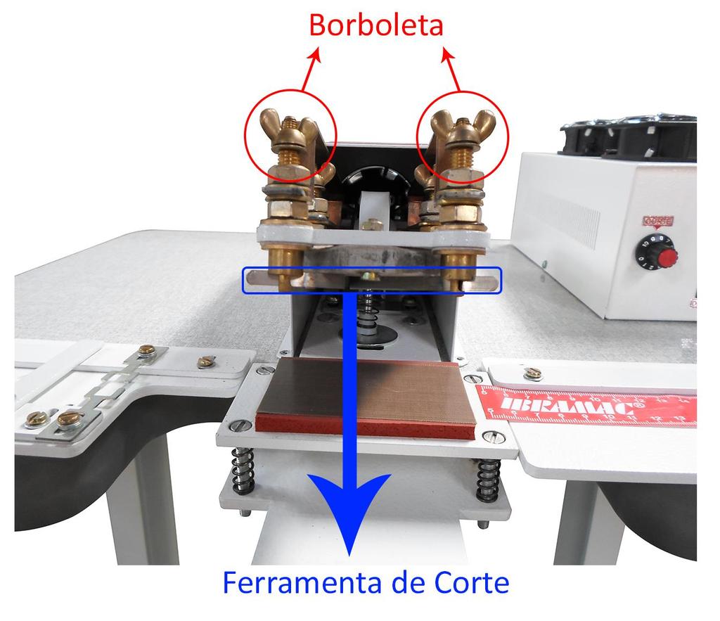 Troca da Ferramenta Para trocar a ferramenta de corte, solte as duas borboletas existentes sobre o amianto; assim que soltas, os parafusos de latão irão descer, soltando assim a ferramenta de corte,