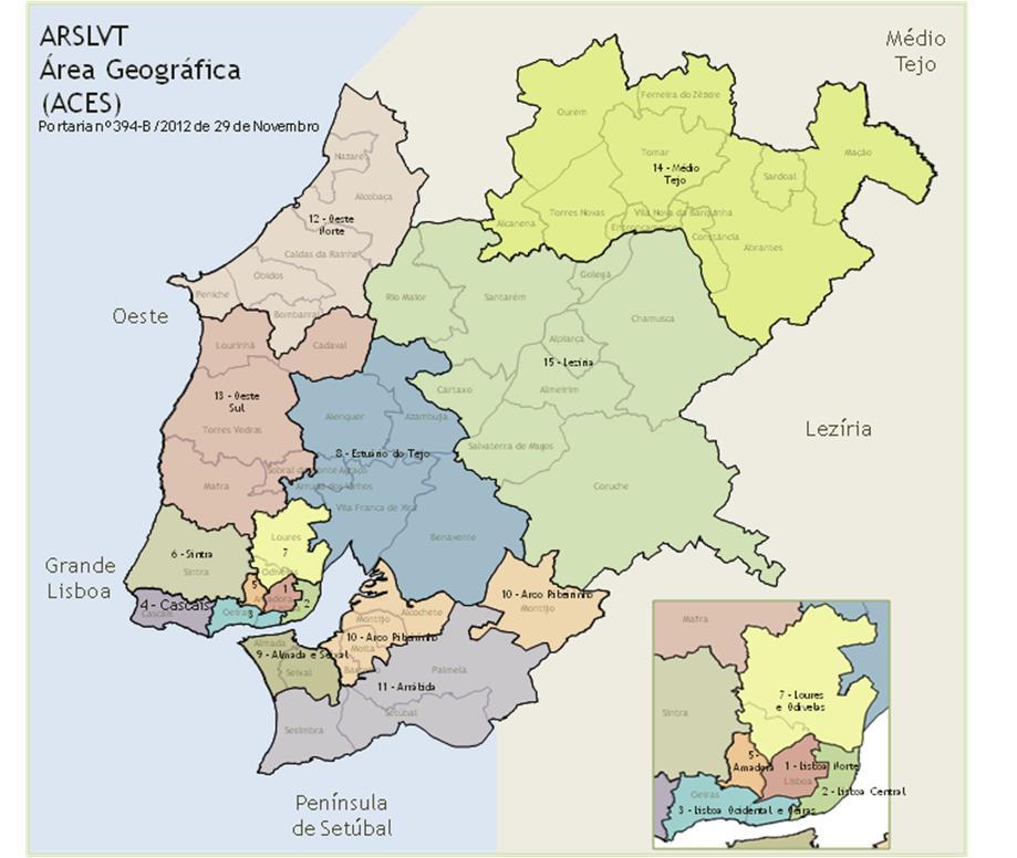 Caracterização da ARSLVT População e território A Região de Lisboa e Vale do Tejo é constituída por 5 NUTS III: Oeste, Grande Lisboa, Península de Setúbal, Médio Tejo e Lezíria do Tejo, e é composta