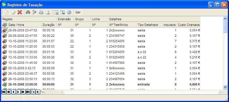 O que é possível gerir? Registos de Taxação Os registos de taxação correspondem aos dados recebidos pelo programa da central telefónica.