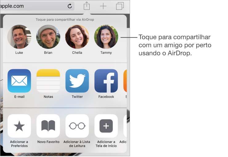 Compartilhar um item usando o AirDrop: Toque em Compartilhar ou em pessoa próxima que esteja usando o AirDrop.