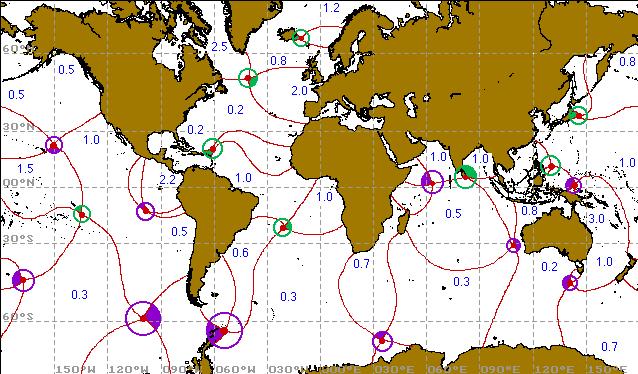 Figura xx Um exemplo de resultado de um modelo computacional das marés nos oceanos mostrando pontos anfidrômicos (pontos vermelhos) e sentido de rotação (rosa é horário e verde é anti-horário).