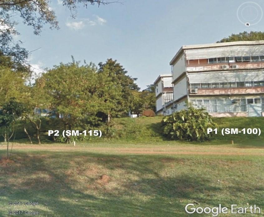 Figura 1. Localização dos poços no terreno em frente ao IAG. Ao fundo, o prédio do Instituto de Física da USP (Google Earth).