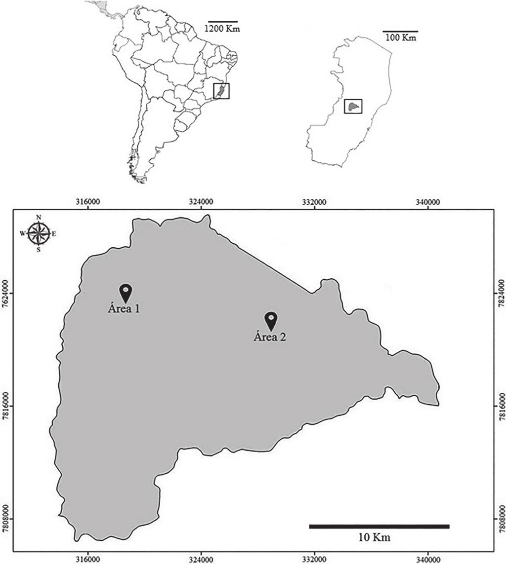 Papéis Avulsos de Zoologia, 57(16), 2017 199 FIGURA 1: Localização das áreas de estudo no município de São Roque do Canaã, região central do estado do Espírito Santo, Sudeste do Brasil.