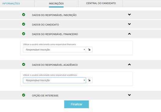 Após o preenchimento de todos os campos obrigatórios, os ícones de verificação de dados ficarão na cor verde, conforme tela a seguir. Clique em Finalizar para concluir a inscrição.