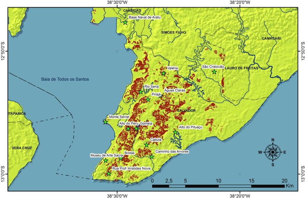 Figura 1 - Distribuição dos pluviômetros e áreas de risco na cidade de Salvador/BA.