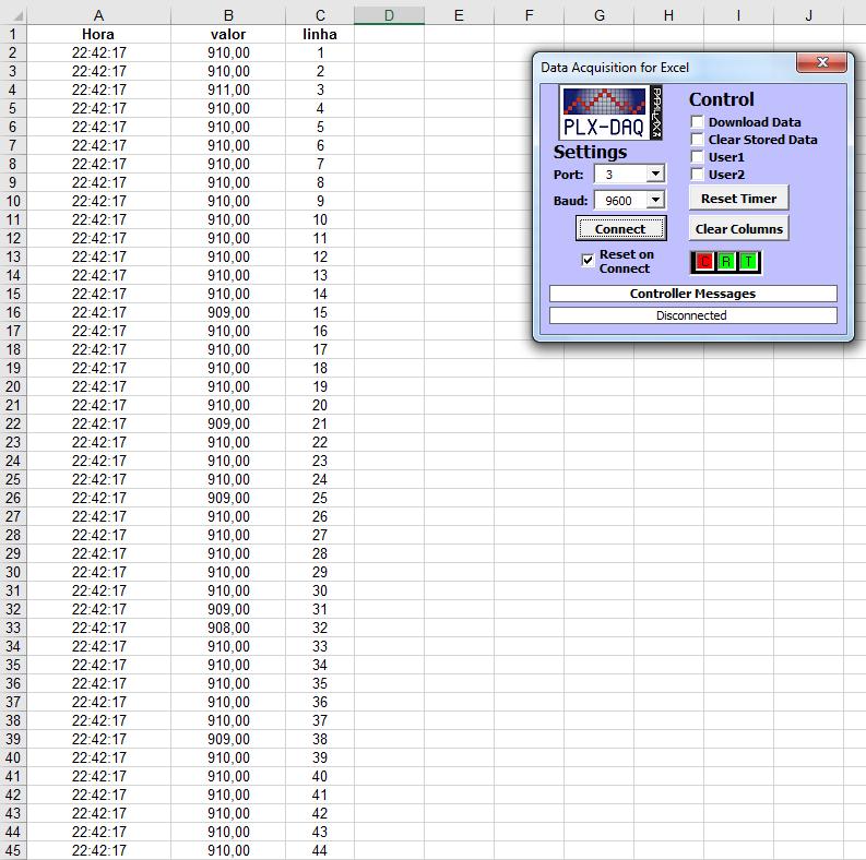 PLX-DAQ, um software desenvolvido pela empresa Parallax Inc., faz a conexão entre o arduino e o Excel.