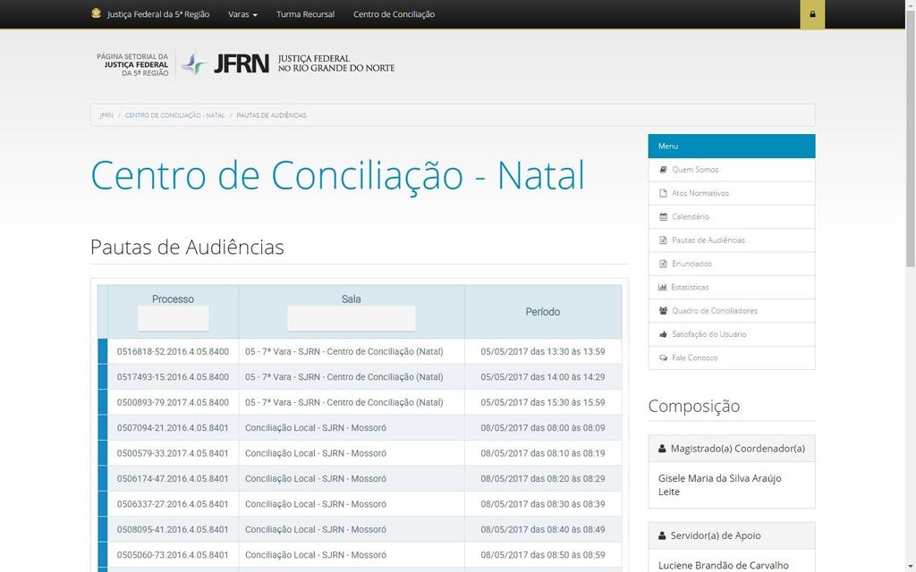 audiências disponibilizada no site da JFRN