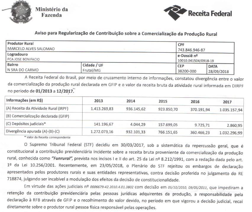 Receber o aviso significa que a Receita Federal está dizendo que sabe que aquele contribuinte pode ter um débito de Funrural a acertar e, se ele não acertar ou aderir ao Refis, a Receita irá autuá-lo.