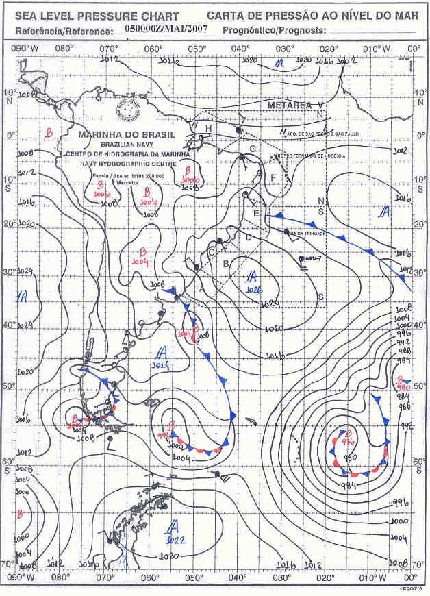 Na primeira carta (Figura 1.a) observa-se um sistema de baixa pressão com 1006 hpa no seu centro, localizado próximo à região de Buenos Aires, o qual estende um cavado sobre o Rio Grande do Sul (RS).