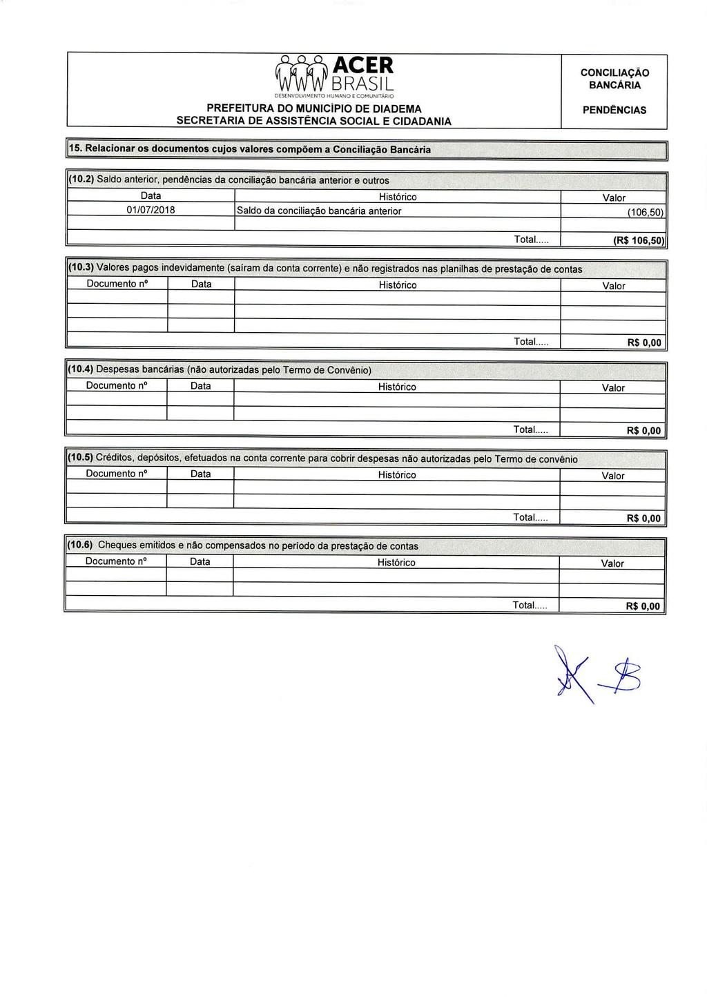 DESENVOLVIMENTO HUMANO E COMUNFTARIO SECRETARIA DE ASSISTENCIA SOCIAL E CIDADANIA CONCILIAÇÃO BANCARIA PENDÊNCIAS 15. Relacionar os documentos cujos valores compõem a Conciliação Bancária (10.