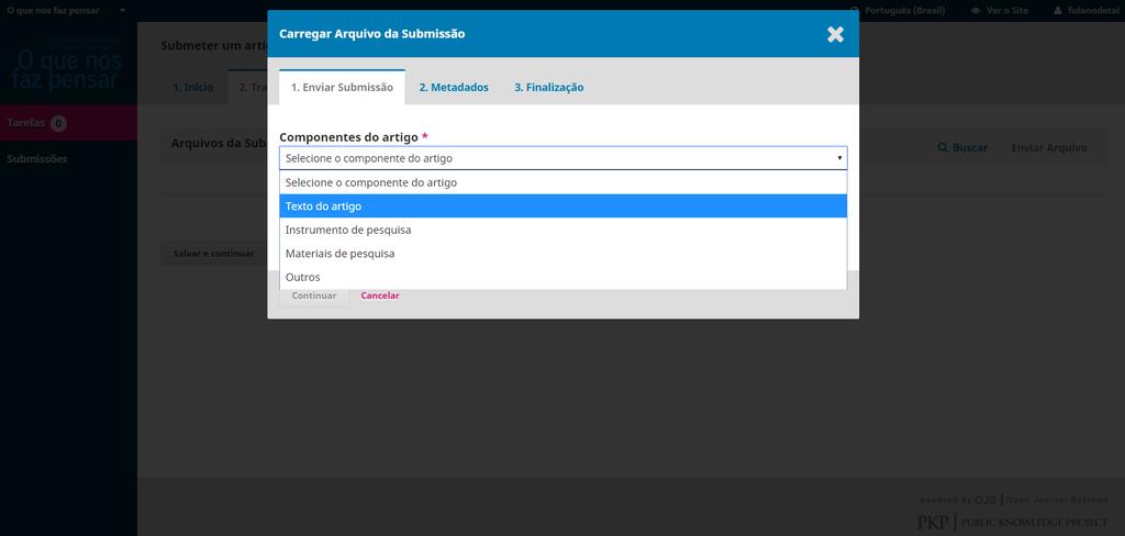 Escolha o componente do artigo () que deseja enviar: - Texto do artigo, para enviar o arquivo com o artigo propriamente dito.