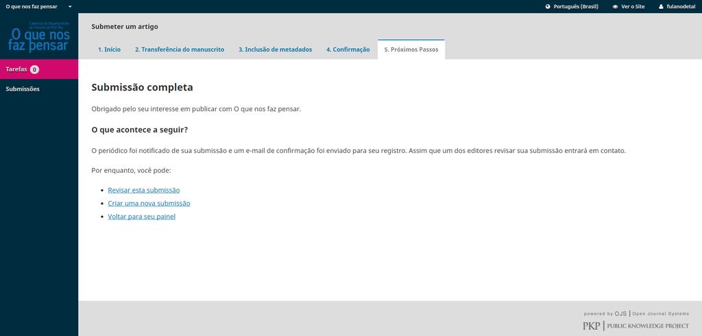 A tela final indica que a submissão foi concluída. É possível ir à tela da submissão para conferir (), ou iniciar uma nova submissão ().