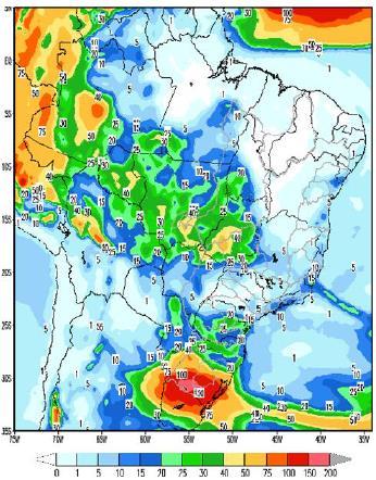 Na última semana ocorreu chuva fraca a moderada na bacia do rio Jacuí e fraca nas bacias dos rios Uruguai, Iguaçu, Paranapanema, Tietê, Grande e na calha do principal do Paraná em pontos isolados do