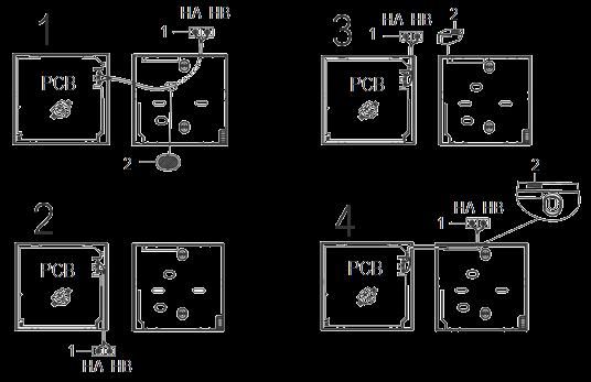 5. Fio para a unidade interna 4 métodos 1 da retaguarda; 2 do fundo; 3 do topo; 4 do centro superior. 1 terminal da unidade interior 2 entalhes, para passar a cablagem.