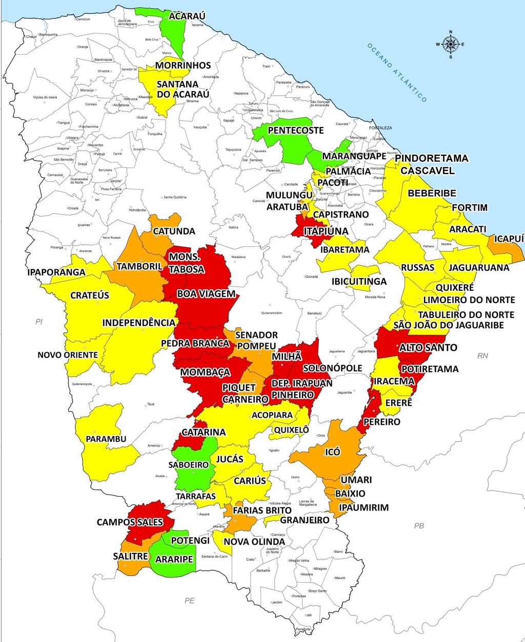 LOCALIDADES PRIORIZADAS PARA AS AÇÕES EMERGENCIAIS DE ABASTECIMENTO, CONFORME PRAZO DE RESERVA DO MANANCIAL CRITICIDADE ALTA: Manancial principal em colapso atual ou até 31/Março/2018 1. ALTO SANTO 2.