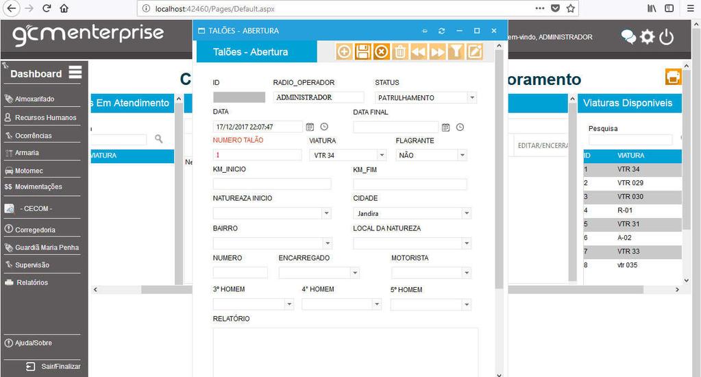 Abertura de Talões: Nessa tela com apenas um clique na viatura disponível o sistema abre a tela de talões exibindo os dados do talão, bastanda dar apenas um clique no botão salvar e liberar o talão