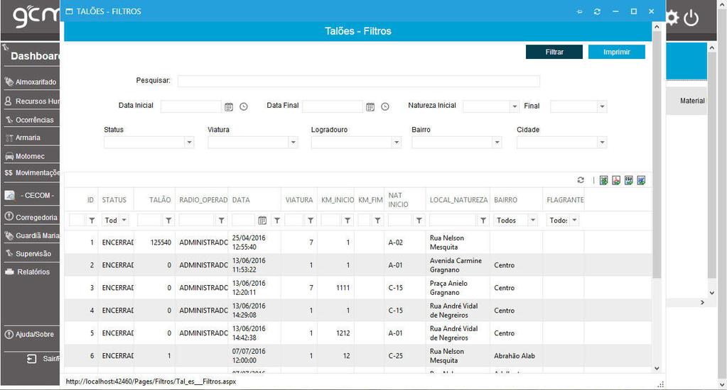 Consultas e Filtros: O sistema permite o usuário de efetuar consultas simples ou por filtros entre períodos; Na tela de