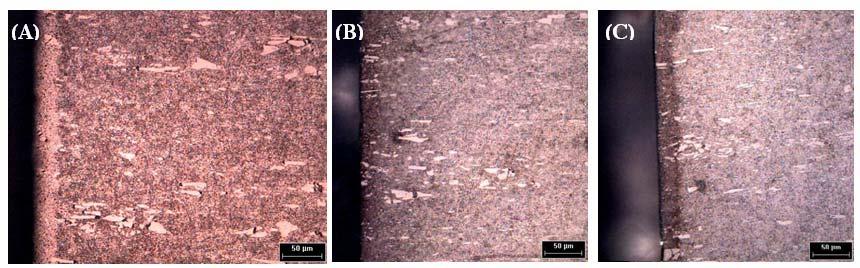 (A) Figura 2: Micrografias das amostras do aço AISI D2 recozidas e nitretadas em condições variadas de temperatura e tempo, (A) 3 h 480ºC, (B) 4 h 480ºC e (C) 4 h 400ºC.