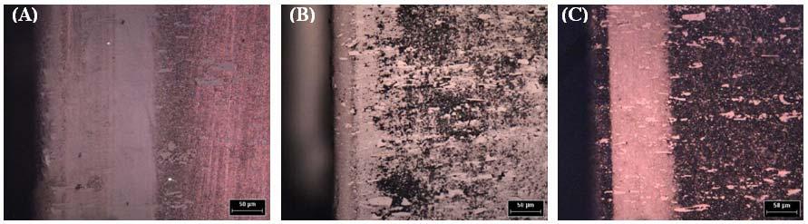 Figura 3: Micrografias das amostras do aço AISI D2 revenidas e nitretadas em condições variadas de temperatura e tempo, (A) 3 h 480ºC, (B) 4 h 480ºC e (C) 4 h 400ºC Para as amostras tratadas
