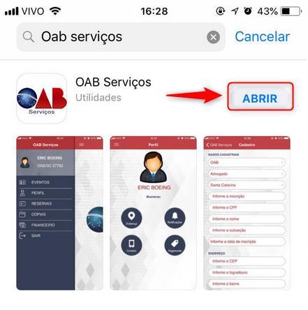 Na lista de aplicativos selecione a opção OAB Serviços, para fazer o download conforme imagem a seguir.