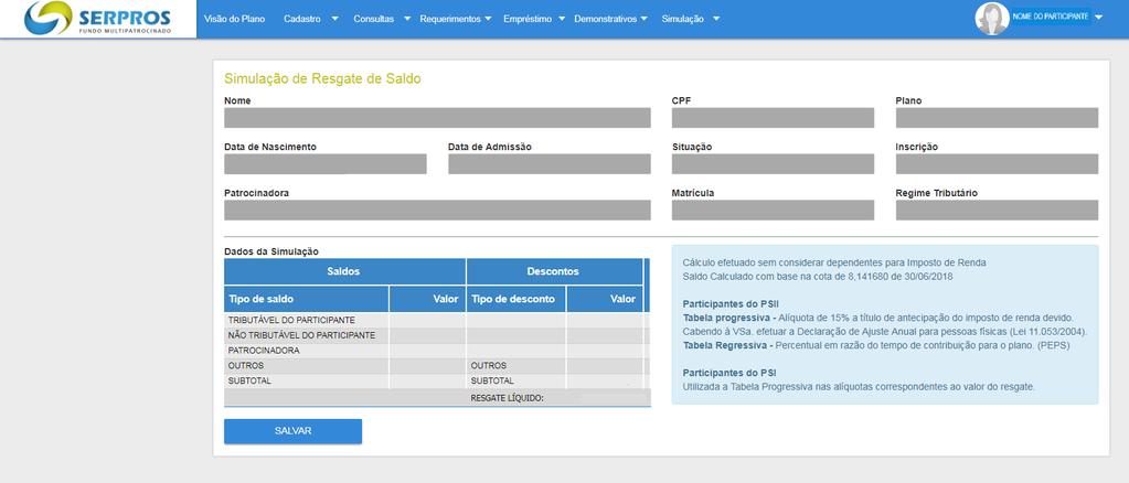 Em Resgate de Saldo, você pode simular os valores a serem