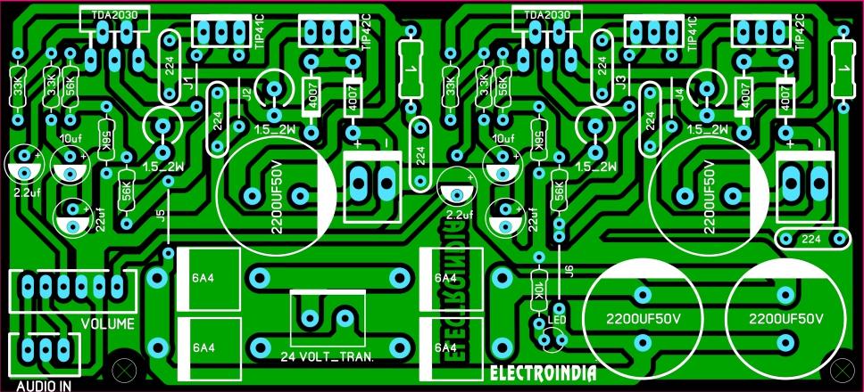 Paper Size A4 56.00 mm 123.00 mm 100 watts stereo 6 Resistors 56K 2 Resistors 1Ohm1/2W 4 Resistors 1.5_2W 2 Resistors 3.3K 2 Resistors 33K 1 Resistor 10K 4 Capacitors 2200UF50V 6 Capacitors 0.