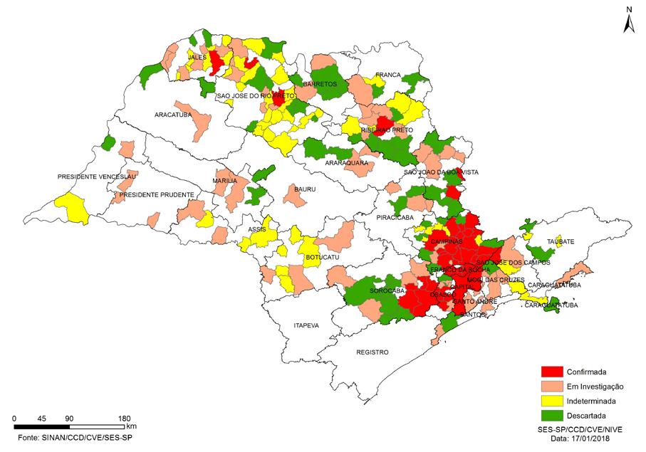 Figura 2. Distribuição de PNH notificados segundo município de ocorrência e classificação. Estado de São Paulo, 2017-2018.