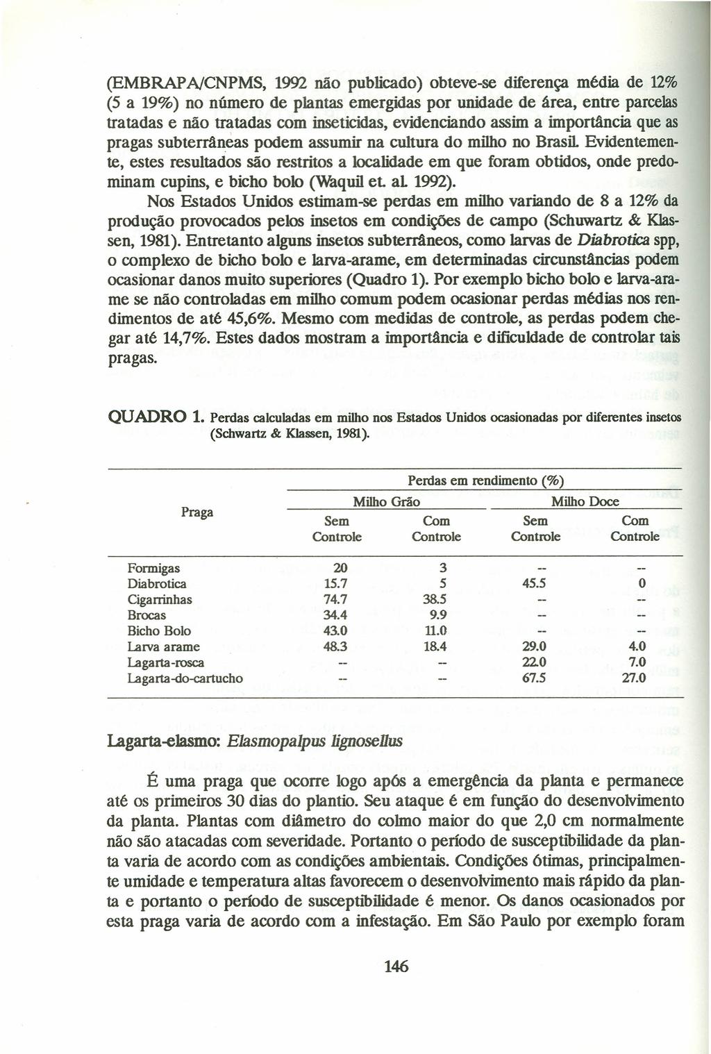 (EMBRAP NCNPMS, 1992 não publicado) obteve-se diferença média de 12% (5 a 19%) no número de plantas emergidas por unidade de área, entre parcelas tratadas e não tratadas com inseticidas, evidenciando