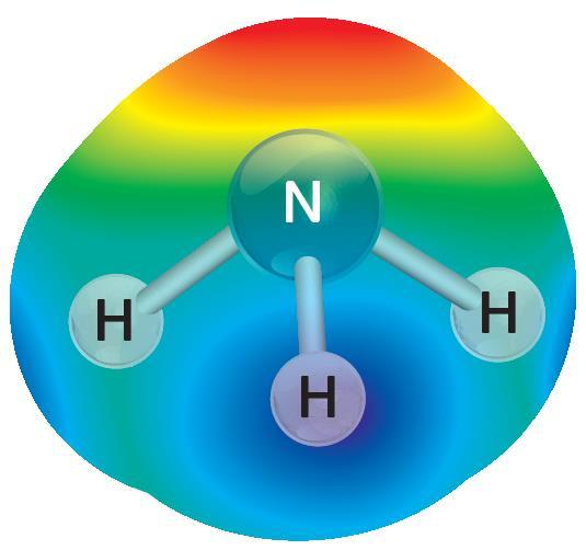 Mapa de potencial eletrostático para a molécula de amoníaco NH 3 Mapa de potencial eletrostático para a molécula de água H 2 O Moléculas com ligações
