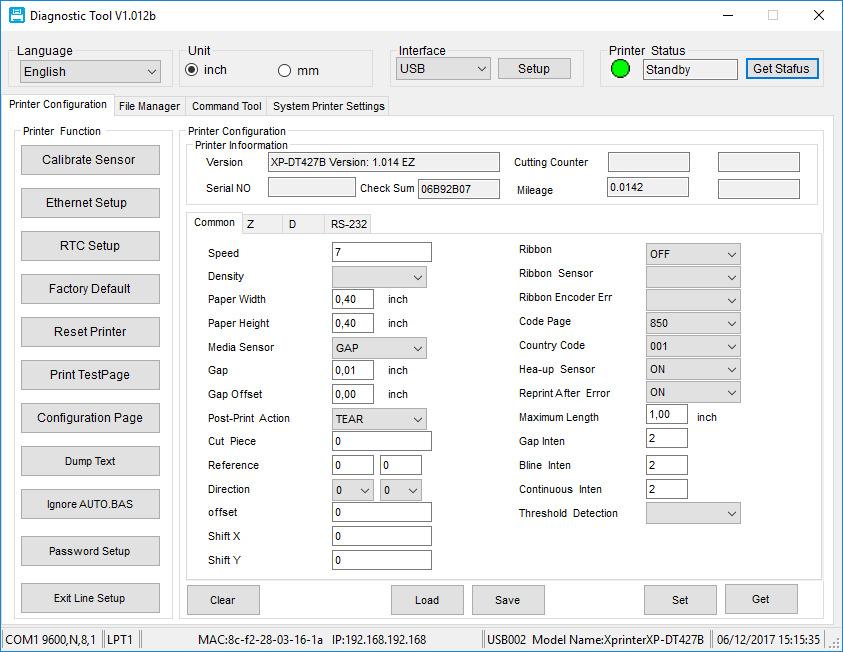 SOFTWARE UTILITÁRIO: DIAGNOSTIC TOOL Este software utilitário permite realizar diversas configurações na impressora L42DT, atualizar firmware, enviar comandos, carregar imagens em sua memória, etc.