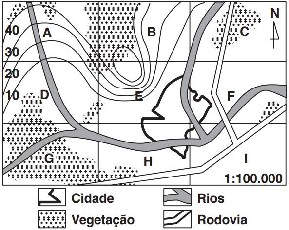 Um determinado município, representado na planta abaixo, dividido em regiões de A a I, com altitudes de terrenos indicadas por curvas de nível, precisa decidir pela localização das seguintes obras: 1.